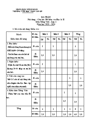Bài kiểm tra chất lượng học kì II môn Tiếng Việt 1 - Trường TH Trần Văn Ơn - Năm học 2023-2024 (Đề 1 - Ma trận + Đáp án)
