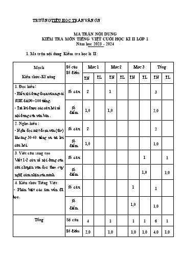 Bài kiểm tra chất lượng học kì II môn Tiếng Việt 1 - Trường TH Trần Văn Ơn - Năm học 2023-2024 (Đề 3 - Ma trận + Đáp án)
