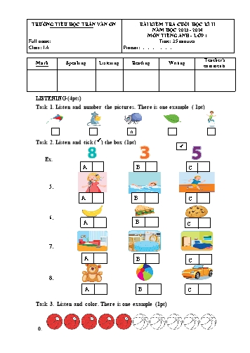 Bài kiểm tra cuối học kì II môn Tiếng Anh 1 - Trường TH Trần Văn Ơn (Năm học 2023-2024)(Ma trận + Đáp án)