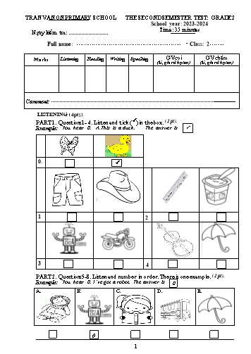 Bài kiểm tra cuối học kì II môn Tiếng Anh 2 - Trường TH Trần Văn Ơn - Năm học 2023-2024 (Đáp án)