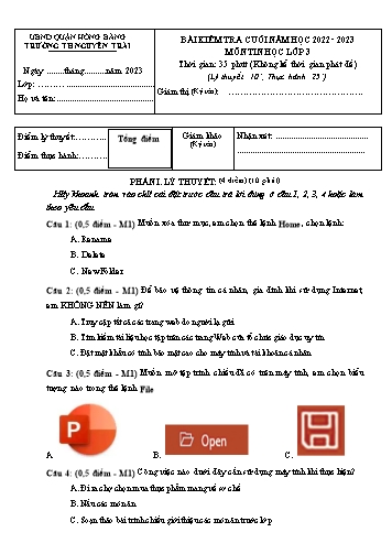 Bài kiểm tra cuối năm môn Tin Học 3 - Trường TH Nguyễn Trãi, Hồng Bàng - Năm học 2022-2023 (Ma trận + Đáp án)