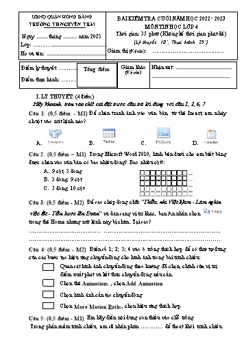 Bài kiểm tra cuối năm môn Tin Học 4 - Trường TH Nguyễn Trãi, Hồng Bàng - Năm học 2022-2023 (Ma trận + Đáp án)