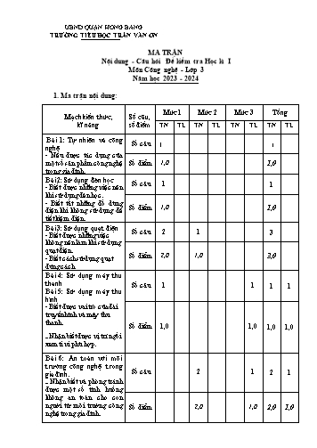 Bài kiểm tra định kì cuối học kì I môn Công Nghệ 3 - Trường TH Trần Văn Ơn - Năm học 2023-2024 (Ma trận + Đáp án)