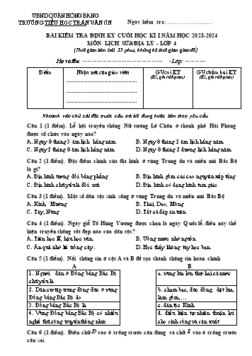 Bài kiểm tra định kì cuối học kì I môn Lịch sử và Địa lí 4 - Trường TH Trần Văn Ơn - Năm học 2023-2024 (Đề 1 - Ma trận + Đáp án)