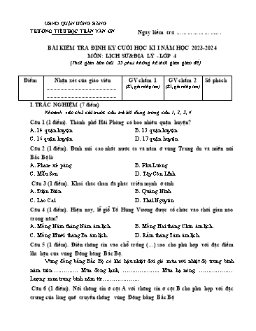 Bài kiểm tra định kì cuối học kì I môn Lịch sử và Địa lí 4 - Trường TH Trần Văn Ơn - Năm học 2023-2024 (Đề 2 - Ma trận + Đáp án)