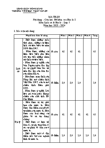 Bài kiểm tra định kì cuối học kì I môn Lịch sử và Địa lí 5 - Trường TH Trần Văn Ơn - Năm học 2023-2024 (Đề 2 - Ma trận + Đáp án)