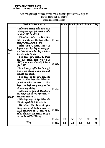Bài kiểm tra định kì cuối học kì I môn Lịch sử và Địa lí 5 - Trường TH Trần Văn Ơn - Năm học 2023-2024 (Đề 1 - Ma trận + Đáp án)