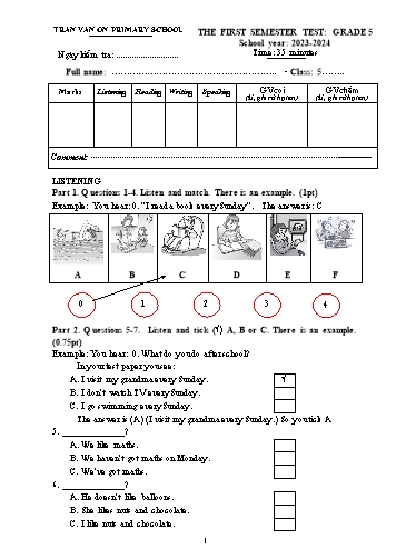 Bài kiểm tra định kì cuối học kì I môn Tiếng Anh 5 - Trường TH Trần Văn Ơn - Năm học 2023-2024 (Ma trận + Đáp án)