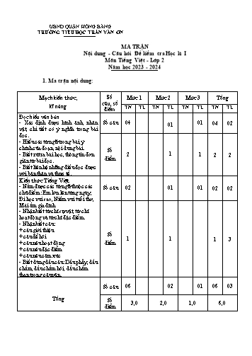 Bài kiểm tra định kì cuối học kì I môn Tiếng Việt 2 - Trường TH Trần Văn Ơn - Năm học 2023-2024 (Đề 2 - Ma trận + Hướng dẫn chấm)
