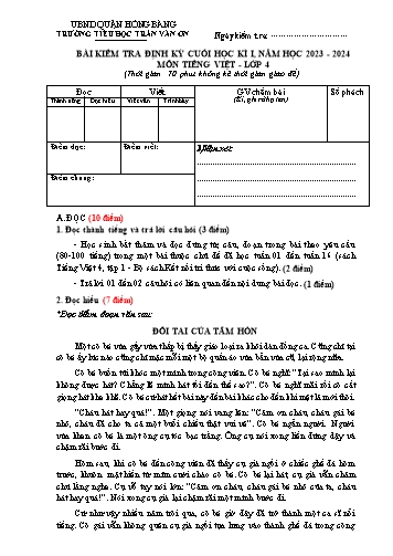 Bài kiểm tra định kì cuối học kì I môn Tiếng Việt 4 - Trường TH Trần Văn Ơn - Năm học 2023-2024 (Đề 1 - Ma trận + Đáp án)