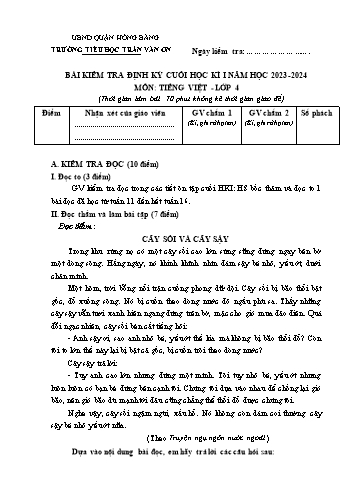 Bài kiểm tra định kì cuối học kì I môn Tiếng Việt 4 - Trường TH Trần Văn Ơn - Năm học 2023-2024 (Đề 2 - Ma trận + Đáp án)