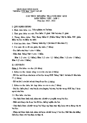 Bài kiểm tra định kì cuối học kì I môn Tiếng Việt 5 - Trường TH Trần Văn Ơn - Năm học 2023-2024 (Ma trận + Đáp án)