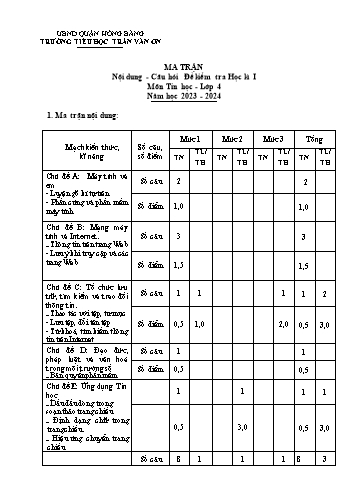 Bài kiểm tra định kì cuối học kì I môn Tin Học 4 - Trường TH Trần Văn Ơn - Năm học 2023-2024 (Ma trận + Đáp án)