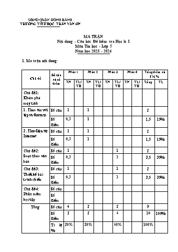 Bài kiểm tra định kì cuối học kì I môn Tin Học 5 - Trường TH Trần Văn Ơn - Năm học 2023-2024 (Ma trận + Đáp án)