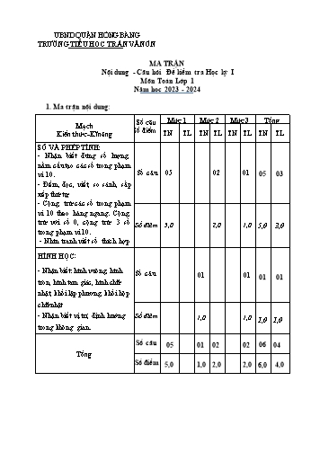 Bài kiểm tra định kì cuối học kì I môn Toán 1 - Trường TH Trần Văn Ơn - Năm học 2023-2024 (Đề 1 - Ma trận + Đáp án)