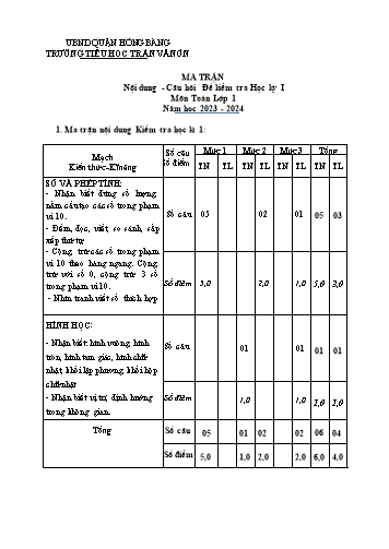 Bài kiểm tra định kì cuối học kì I môn Toán 1 - Trường TH Trần Văn Ơn - Năm học 2023-2024 (Đề 2 - Ma trận + Đáp án)