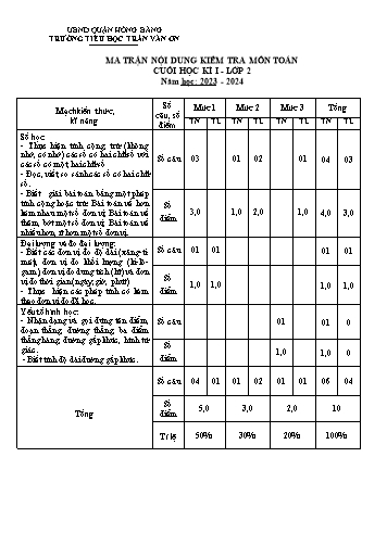Bài kiểm tra định kì cuối học kì I môn Toán 2 - Trường TH Trần Văn Ơn - Năm học 2023-2024 (Đề 1- Ma trận + Đáp án)