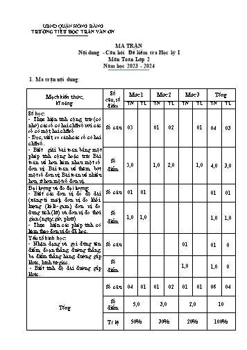 Bài kiểm tra định kì cuối học kì I môn Toán 2 - Trường TH Trần Văn Ơn - Năm học 2023-2024 (Đề 2 - Ma trận + Đáp án)