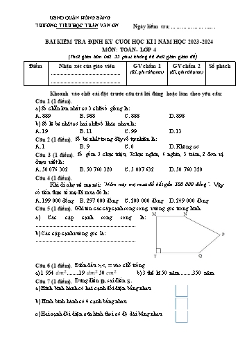 Bài kiểm tra định kì cuối học kì I môn Toán 4 - Trường TH Trần Văn Ơn - Năm học 2023-2024 (Đề 1 - Ma trận + Đáp án)