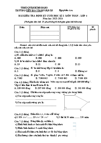 Bài kiểm tra định kì cuối học kì I môn Toán 4 - Trường TH Trần Văn Ơn - Năm học 2023-2024 (Ma trận + Đáp án)