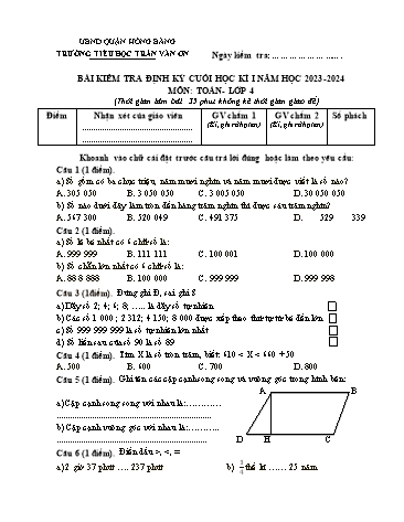 Bài kiểm tra định kì cuối học kì I môn Toán 4 - Trường TH Trần Văn Ơn - Năm học 2023-2024 (Đề 2 - Ma trận + Đáp án)