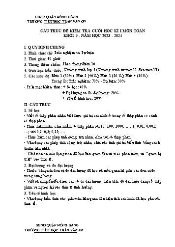 Bài kiểm tra định kì cuối học kì I môn Toán 5 - Trường TH Trần Văn Ơn - Năm học 2023-2024 (Đề 2 - Ma trận + Đáp án)