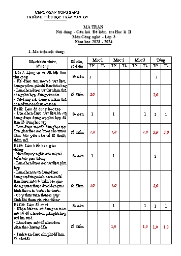 Bài kiểm tra định kì cuối học kì II môn Công Nghệ 3 - Trường TH Trần Văn Ơn - Năm học 2023-2024 (Ma trận + Đáp án)