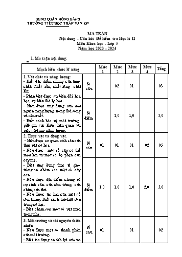 Bài kiểm tra định kì cuối học kì II môn Khoa Học 5 - Trường TH Trần Văn Ơn - Năm học 2023-2024 (Ma trận + Đáp án)