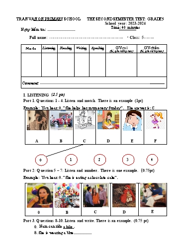 Bài kiểm tra định kì cuối học kì II môn Tiếng Anh 5 - Trường TH Trần Văn Ơn - Năm học 2023-2024 (Ma trận + Đáp án)