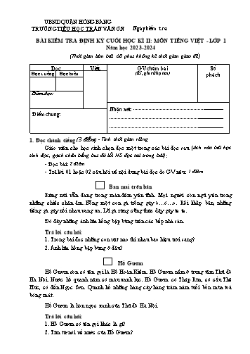 Bài kiểm tra định kì cuối học kì II môn Tiếng Việt 1 - Trường TH Trần Văn Ơn - Năm học 2023-2024 (Đáp án)