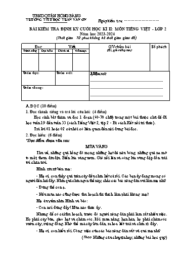 Bài kiểm tra định kì cuối học kì II môn Tiếng Việt 2 - Trường TH Trần Văn Ơn - Năm học 2023-2024 (Hướng dẫn chấm)
