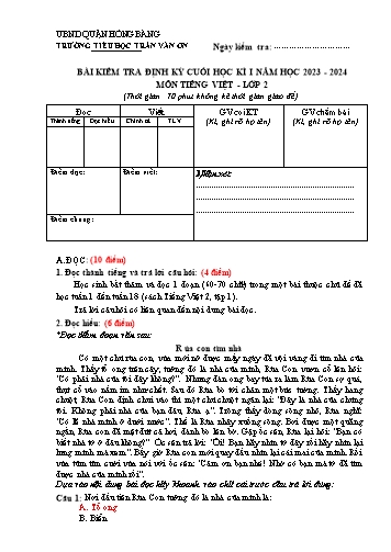 Bài kiểm tra định kì cuối học kì II môn Tiếng Việt 2 - Trường TH Trần Văn Ơn - Năm học 2023-2024 (Đề 3 - Hướng dẫn chấm)