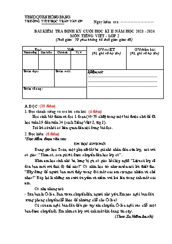 Bài kiểm tra định kì cuối học kì II môn Tiếng Việt 2 - Trường TH Trần Văn Ơn - Năm học 2023-2024 (Đề 2 - Ma trận + Hướng dẫn chấm)