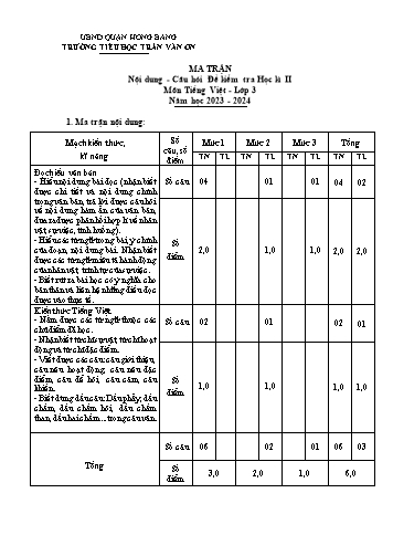 Bài kiểm tra định kì cuối học kì II môn Tiếng Việt 3 - Trường TH Trần Văn Ơn - Năm học 2023-2024 (Ma trận + Hướng dẫn chấm)
