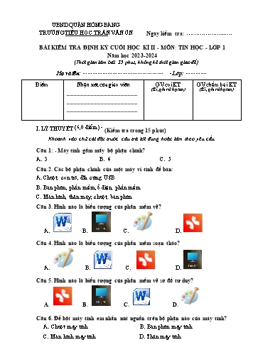Bài kiểm tra định kì cuối học kì II môn Tin Học 1 - Trường TH Trần Văn Ơn (Năm học 2023-2024)(Đáp án)