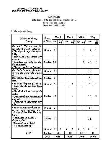 Bài kiểm tra định kì cuối học kì II môn Tin Học 3 - Trường TH Trần Văn Ơn - Năm học 2023-2024 (Ma trận + Đáp án)