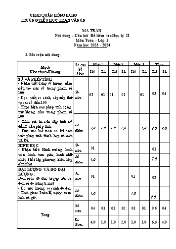 Bài kiểm tra định kì cuối học kì II môn Toán 1 - Trường TH Trần Văn Ơn - Năm học 2023-2024 (Ma trận + Đáp án)
