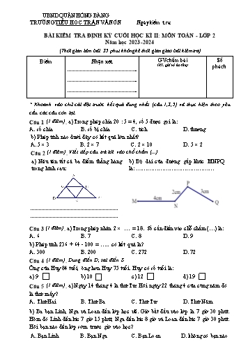 Bài kiểm tra định kì cuối học kì II môn Toán 2 - Trường TH Trần Văn Ơn - Năm học 2023-2024 (Đáp án)