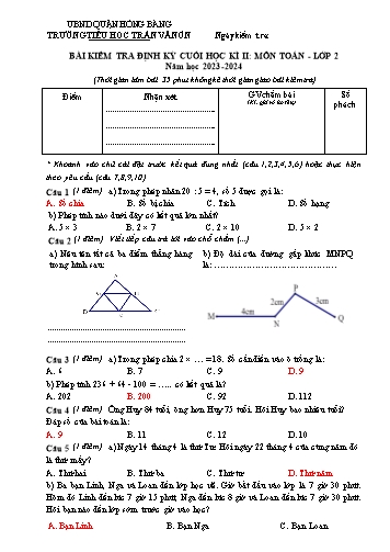Bài kiểm tra định kì cuối học kì II môn Toán 2 - Trường TH Trần Văn Ơn - Năm học 2023-2024 (Đề 3 - Ma trận + Đáp án)