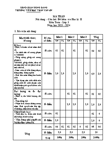 Bài kiểm tra định kì cuối học kì II môn Toán 3 - Trường TH Trần Văn Ơn - Năm học 2023-2024 (Ma trận + Đáp án)