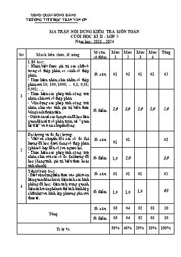 Bài kiểm tra định kì cuối học kì II môn Toán 5 - Trường TH Trần Văn Ơn - Năm học 2023-2024 (Đề 5 - Ma trận + Đáp án)