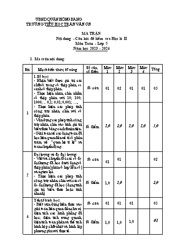 Bài kiểm tra định kì cuối học kì II môn Toán 5 - Trường TH Trần Văn Ơn - Năm học 2023-2024 (Ma trận + Đáp án)