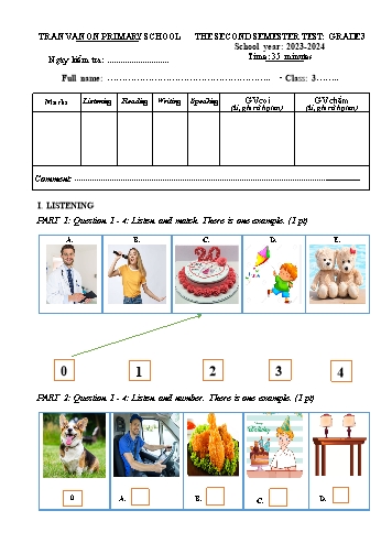 Đề kiểm tra cuối học kì II môn Tiếng Anh 3 - Trường TH Trần Văn Ơn - Năm học 2023-2024 (Ma trận + Đáp án)