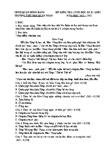 Đề kiểm tra cuối học kì II môn Tiếng Việt 2 -Trường TH Quán Toan, Hồng Bàng - Năm học 2021-2022 (Có đáp án)