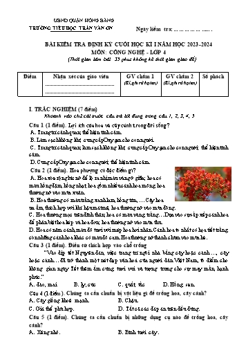 Đề kiểm tra định kì cuối học kì I môn Công Nghệ 4 - Trường TH Trần Văn Ơn - Năm học 2023-2024 (Đề 2 - Ma trận + Đáp án)