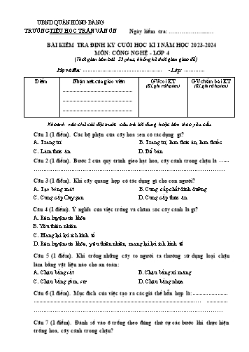 Đề kiểm tra định kì cuối học kì I môn Công Nghệ 4 - Trường TH Trần Văn Ơn - Năm học 2023-2024 (Đề 1 - Ma trận + Đáp án)