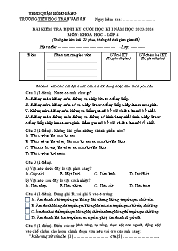 Đề kiểm tra định kì cuối học kì I môn Khoa Học 4 - Trường TH Trần Văn Ơn - Năm học 2023-2024 (Đề 1 - Ma trận + Đáp án)