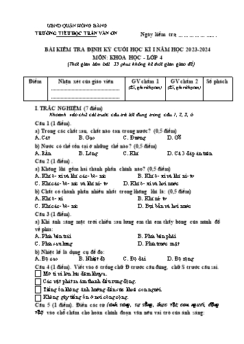 Đề kiểm tra định kì cuối học kì I môn Khoa Học 4 - Trường TH Trần Văn Ơn - Năm học 2023-2024 (Đề 2 - Ma trận + Đáp án)