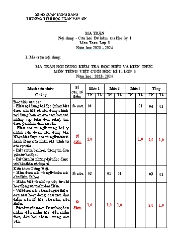 Đề kiểm tra định kì cuối học kì I môn Tiếng Việt 3 - Trường TH Trần Văn Ơn - Năm học 2023-2024 (Đề 2 - Ma trận + Hướng dẫn chấm)