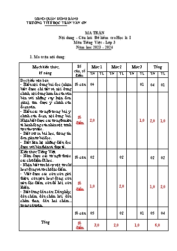 Đề kiểm tra định kì cuối học kì I môn Tiếng Việt 3 - Trường TH Trần Văn Ơn - Năm học 2023-2024 (Đề 1 - Ma trận + Hướng dẫn chấm)